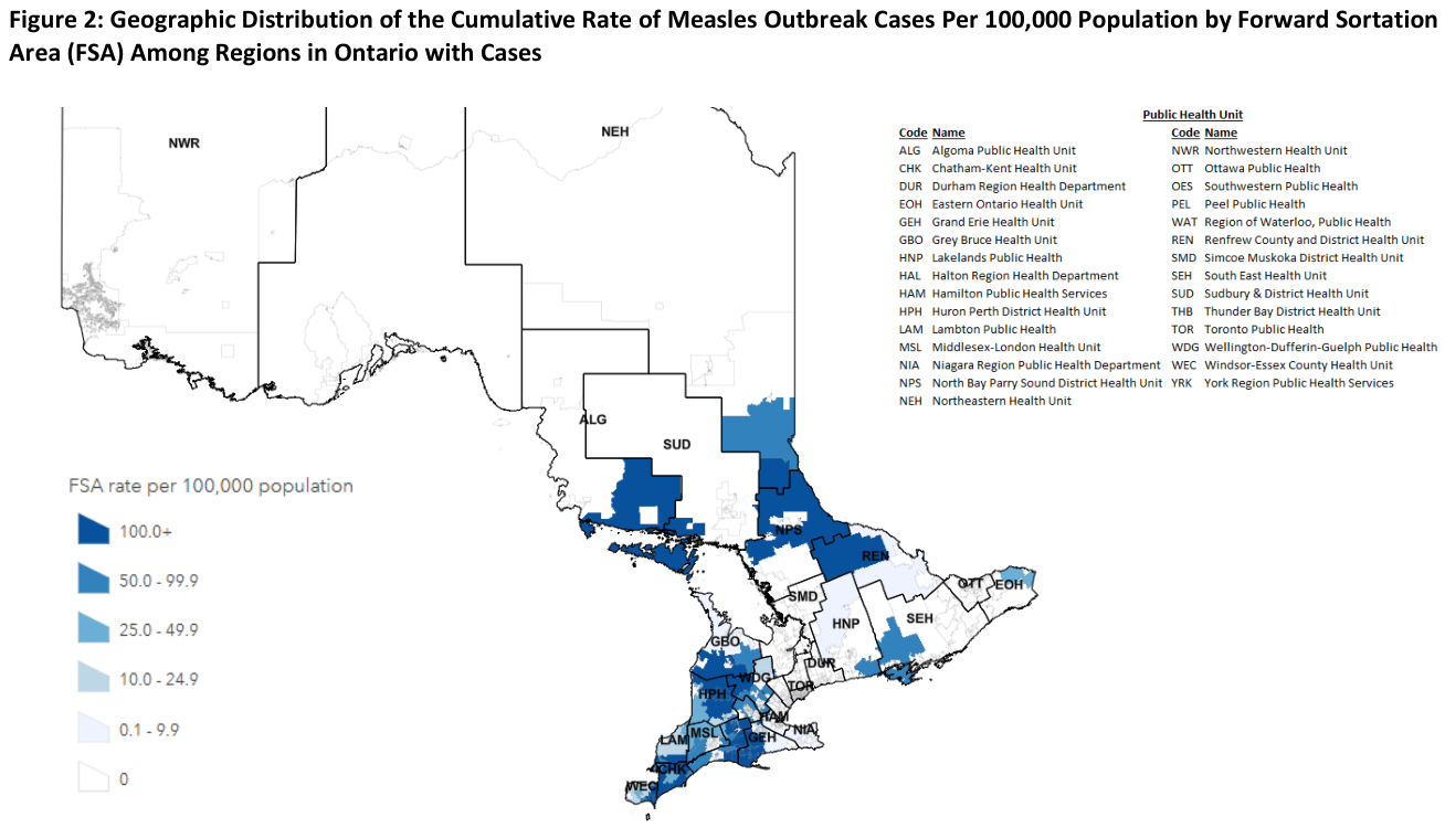 The map shows the Geographic Distribution of the Rate of Measles Outbreak Cases Per 100,000 Population by Forward Sortation Area (FSA) Among Regions in Ontario with Cases. FSA boundaries do not align with public health unit boundaries, and some FSAs span multiple public health units. Further, the rates in this map are by residential FSA, which may not correspond to the location of the case at the time of illness onset or report to public health.